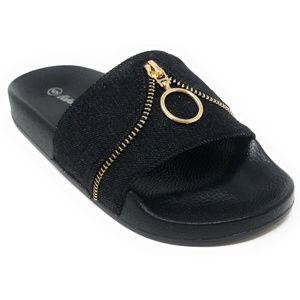 Women Black Slip-On Zippers Decor Slide Sandals